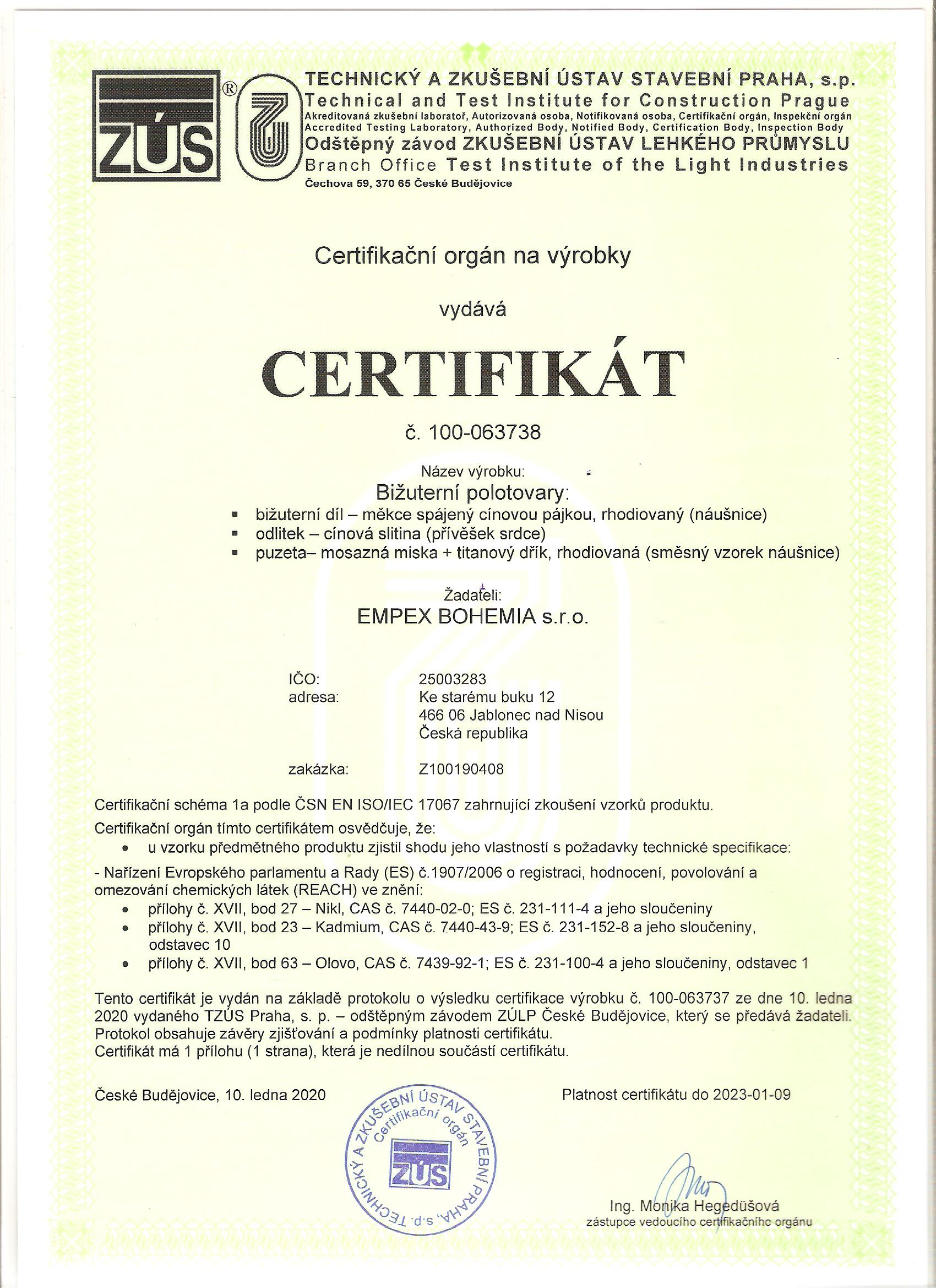 CERTIFIKÁT bižu 001